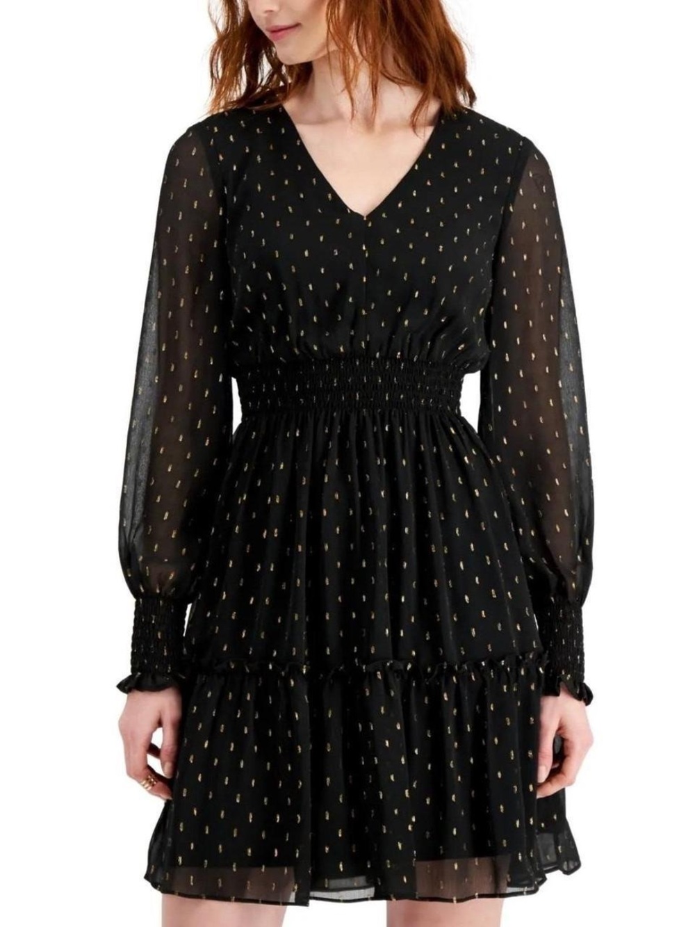 Taylor Black Long Sleeve V-Neck Dress with Gold Dot Print